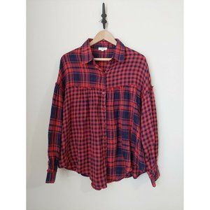 UMGEE Top- Red Navy Plaid Ruffled Button Front Shirt, Relaxed Long Sleeves